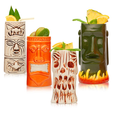 Hand-Carved and Hand-Painted Tiki Mugs - Assorted Set of 8-1